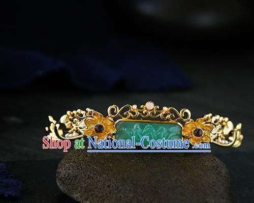 Chinese Ancient Empress Jade Carving Lotus Hairpin Traditional Ming Dynasty Golden Pearls Hair Stick