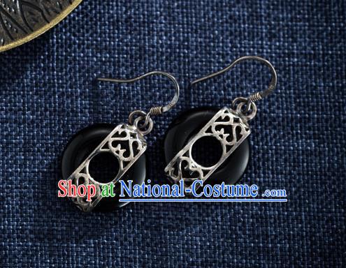 Chinese Traditional Silver Earrings Accessories National Cheongsam Dark Jade Ear Jewelry