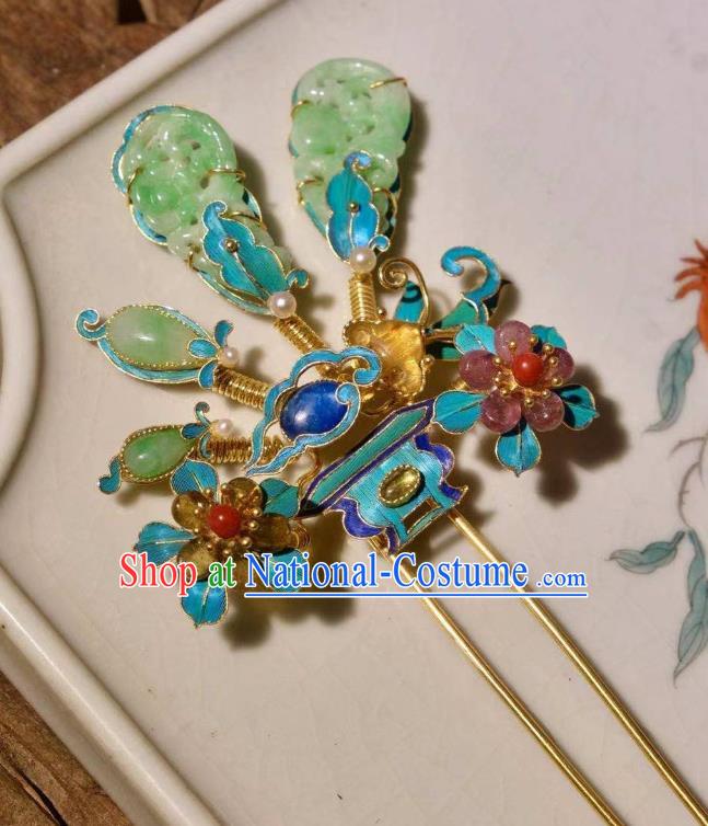 Chinese Ancient Court Empress Cloisonne Hairpin Traditional Qing Dynasty Imperial Concubine Jade Hair Stick