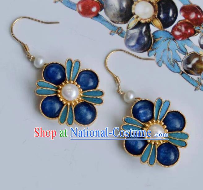 Chinese Traditional Qing Dynasty Sapphire Earrings Accessories National Cheongsam Pearls Ear Jewelry