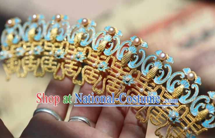 Chinese Ancient Empress Cloisonne Phoenix Hair Crown Handmade Hair Accessories Traditional Ming Dynasty Pearls Hairpin