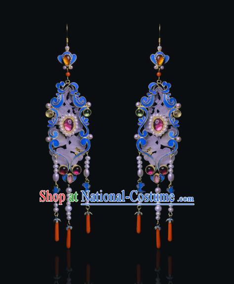 Chinese Ancient Queen Pearls Ear Jewelry Traditional Qing Dynasty Empress Jade Earrings Accessories