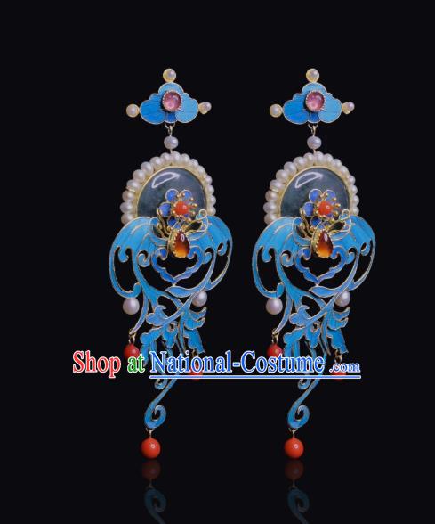 Chinese Ancient Queen Jade Ear Accessories Traditional Jewelry Qing Dynasty Empress Pearls Earrings