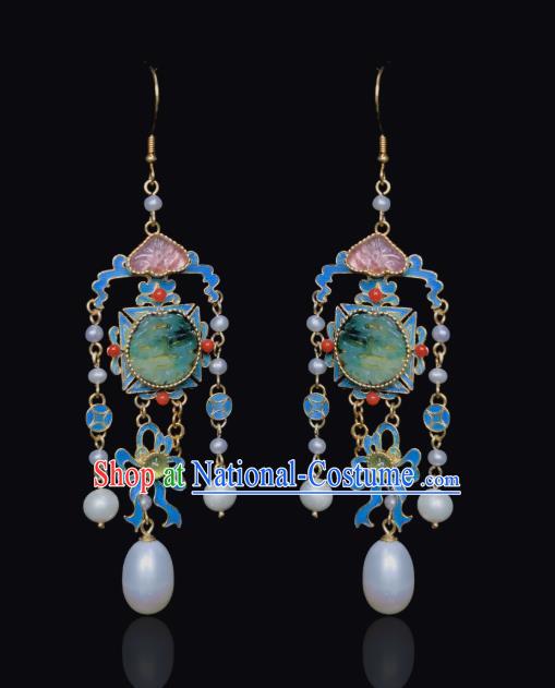 Chinese Traditional Jewelry Qing Dynasty Empress Pearls Tassel Earrings Ancient Queen Jade Ear Accessories