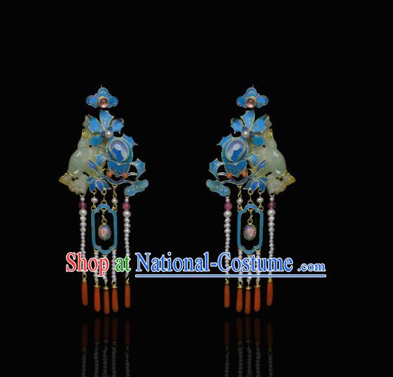 Chinese Traditional Agate Jewelry Qing Dynasty Empress Jade Earrings Ancient Queen Pearls Tassel Ear Accessories