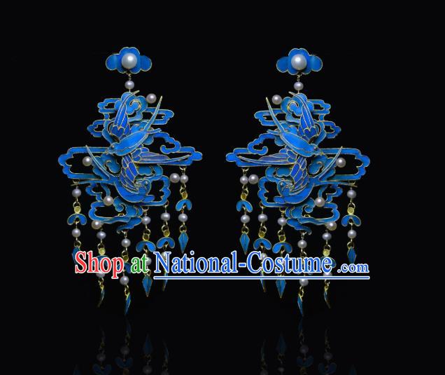 Chinese Traditional Cloisonne Jewelry Qing Dynasty Empress Pearls Tassel Earrings Ancient Queen Ear Accessories