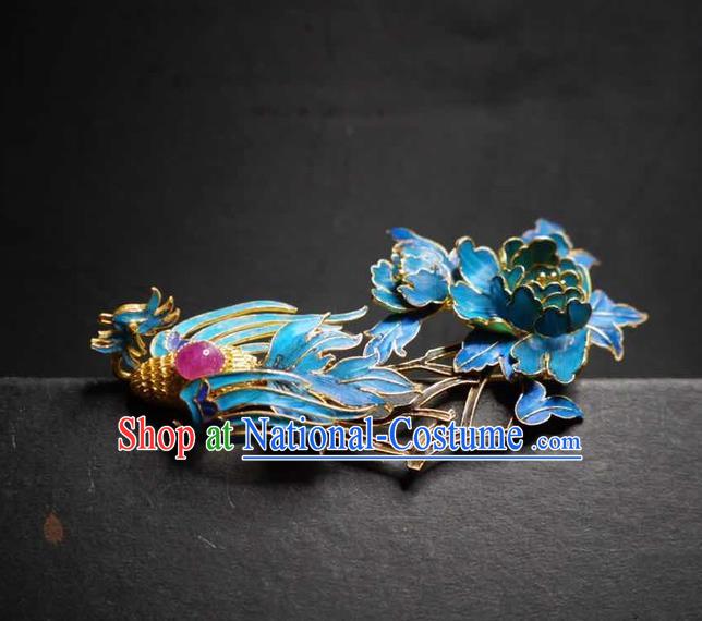 Chinese Traditional Qing Dynasty Cloisonne Phoenix Peony Hairpin Hair Jewelry Ancient Princess Filigree Hair Stick