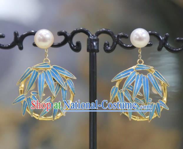 Chinese Traditional Jewelry Ancient Queen Ear Accessories Qing Dynasty Empress Blueing Bamboo Leaf Earrings