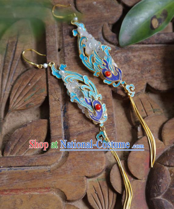 Chinese Ancient Queen Blueing Phoenix Ear Accessories Traditional Jewelry Qing Dynasty Empress Jade Earrings