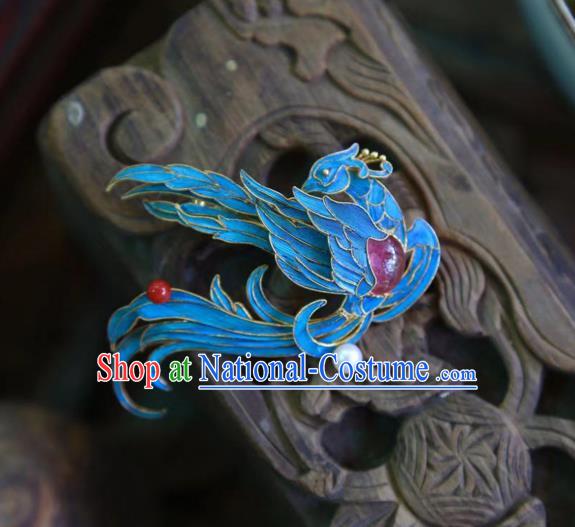 China Handmade Blueing Phoenix Brooch Accessories Traditional Ancient Qing Dynasty Court Jewelry