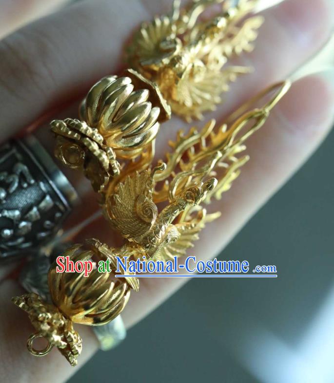 Chinese Traditional Ming Dynasty Court Earrings Accessories Ancient Palace Queen Golden Phoenix Ear Jewelry