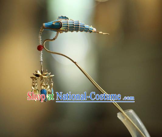 Chinese Traditional Pearls Tassel Hairpin Handmade Hair Accessories Ancient Empress Cloisonne Lotus Fish Hair Stick