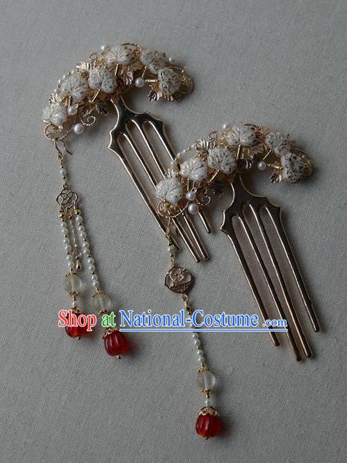 Chinese Traditional Hanfu Agate Tassel Hair Comb Ancient Song Dynasty Princess White Leaf Pearls Hairpin