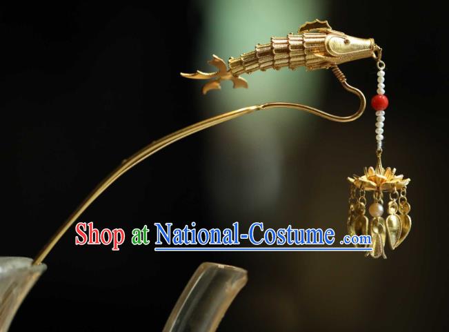 Chinese Handmade Hair Accessories Ancient Empress Golden Lotus Fish Hair Stick Traditional Pearls Tassel Hairpin