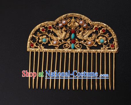 Chinese Traditional Tang Dynasty Empress Pearls Hairpin Ancient Queen Golden Phoenix Hair Comb