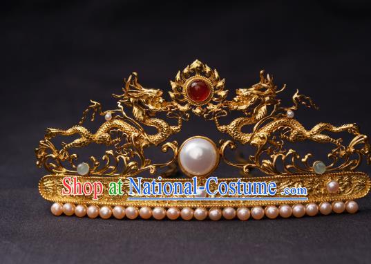 Chinese Ancient Queen Golden Dragons Hair Crown Traditional Ming Dynasty Empress Pearls Hairpin