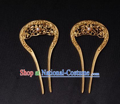 Chinese Ancient Palace Lady Golden Hair Stick Traditional Tang Dynasty Empress Wedding Pearl Hairpin