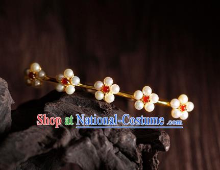 Chinese Ancient Empress Pearls Plum Blossom Hair Stick Traditional Ming Dynasty Queen Garnet Hairpin