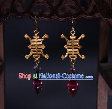 Chinese Ancient Court Empress Wine Red Coloured Glaze Ear Jewelry Traditional Qing Dynasty Earrings Accessories