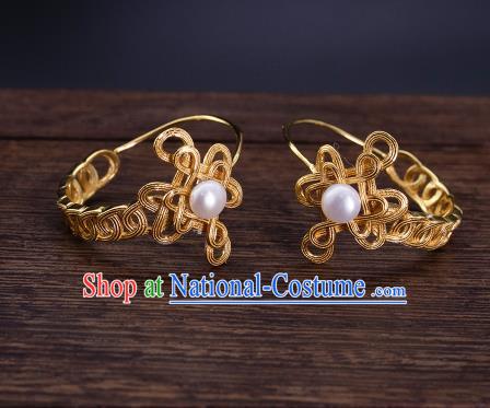 Chinese Ancient Court Empress Golden Ear Jewelry Traditional Ming Dynasty Queen Earrings Pearl Accessories