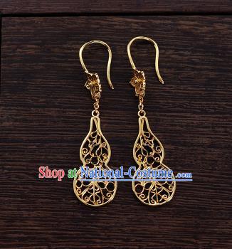 Chinese Ancient Queen Filigree Ear Jewelry Traditional Ming Dynasty Golden Gourd Earrings Accessories