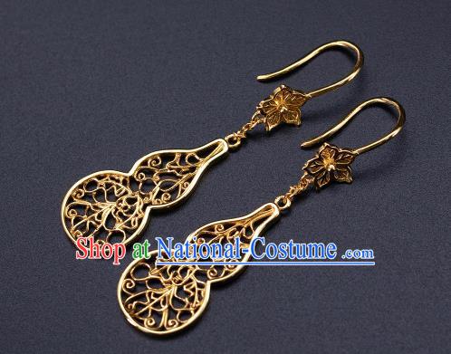 Chinese Ancient Queen Filigree Ear Jewelry Traditional Ming Dynasty Golden Gourd Earrings Accessories