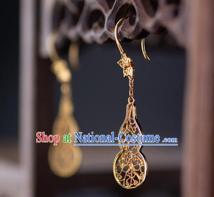 Chinese Ancient Queen Filigree Ear Jewelry Traditional Ming Dynasty Golden Gourd Earrings Accessories