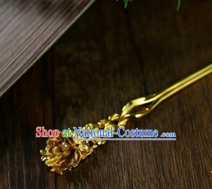 Chinese Ancient Court Woman Pearl Hair Stick Traditional Ming Dynasty Wedding Golden Hairpin