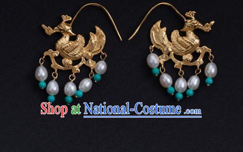 Chinese Ancient Song Dynasty Queen Pearls Ear Jewelry Traditional Empress Golden Phoenix Earrings Accessories