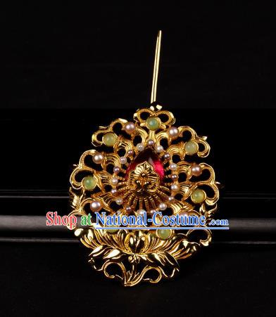 Chinese Ancient Hanfu Hair Accessories Golden Lotus Hairpin Traditional Ming Dynasty Pearls Hair Crown