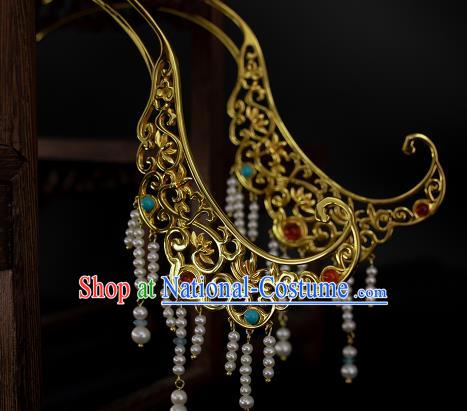 Chinese Handmade Pearls Tassel Hairpins Ancient Hanfu Hair Accessories Traditional Ming Dynasty Golden Hair Sticks