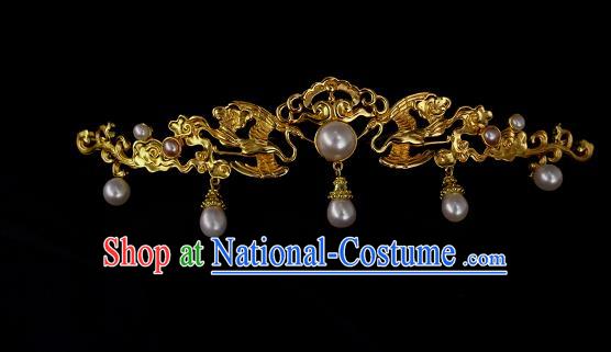 Chinese Ancient Hanfu Hair Accessories Traditional Ming Dynasty Golden Crane Hair Crown Handmade Pearls Tassel Hairpins