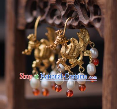 Chinese Traditional Song Dynasty Empress Golden Phoenix Earrings Accessories Ancient Queen Pearls Ear Jewelry