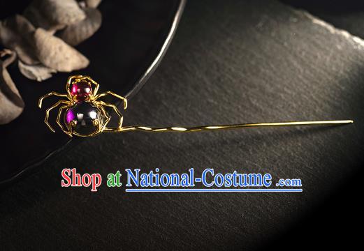 Chinese Ancient Court Queen Amethyst Hairpin Handmade Hair Accessories Traditional Ming Dynasty Golden Spider Hair Stick