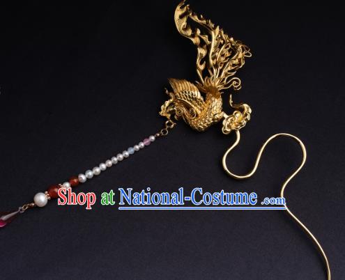 Chinese Ancient Empress Pearls Tassel Hairpin Handmade Hair Accessories Traditional Ming Dynasty Golden Phoenix Hair Stick