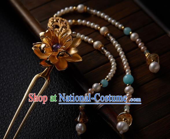 Chinese Traditional Tang Dynasty Golden Lotus Hair Stick Ancient Princess Pearls Tassel Hairpin