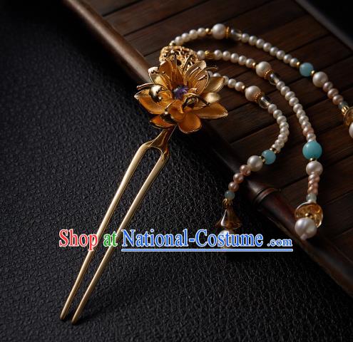 Chinese Traditional Tang Dynasty Golden Lotus Hair Stick Ancient Princess Pearls Tassel Hairpin