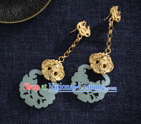 Chinese Ancient Empress Golden Ear Jewelry Traditional Ming Dynasty Jade Carving Lotus Earrings Accessories