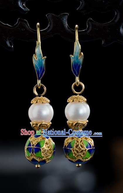 Chinese National Cheongsam Ear Jewelry Traditional Ming Dynasty Court Pearl Earrings Cloisonne Accessories