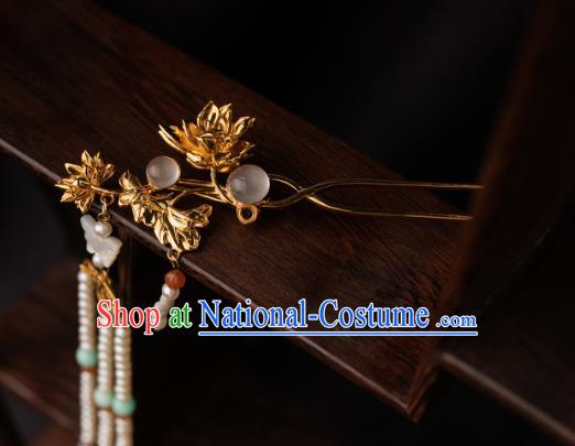 Chinese Ancient Song Dynasty Empress Golden Lotus Hairpin Traditional Hanfu Pearls Tassel Hair Stick