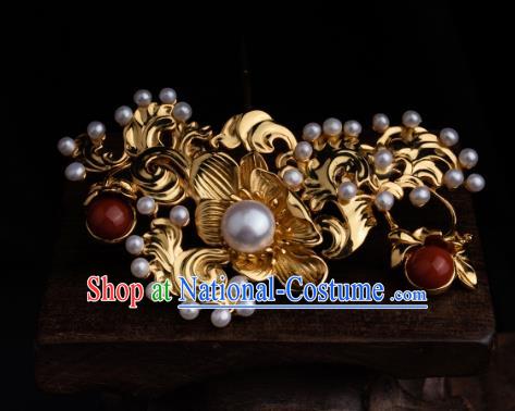 Chinese Ancient Ming Dynasty Princess Golden Hairpin Traditional Hanfu Pearls Hair Comb