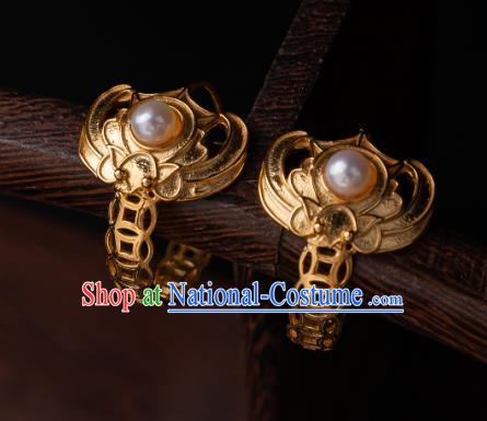 Chinese Traditional Qing Dynasty Empress Golden Bat Earrings Accessories Ancient Court Lady Pearls Ear Jewelry