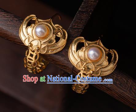 Chinese Traditional Qing Dynasty Empress Golden Bat Earrings Accessories Ancient Court Lady Pearls Ear Jewelry