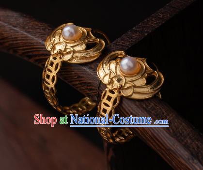 Chinese Traditional Qing Dynasty Empress Golden Bat Earrings Accessories Ancient Court Lady Pearls Ear Jewelry