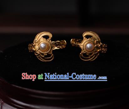 Chinese Traditional Qing Dynasty Empress Golden Bat Earrings Accessories Ancient Court Lady Pearls Ear Jewelry