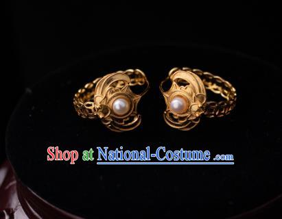 Chinese Traditional Qing Dynasty Empress Golden Bat Earrings Accessories Ancient Court Lady Pearls Ear Jewelry