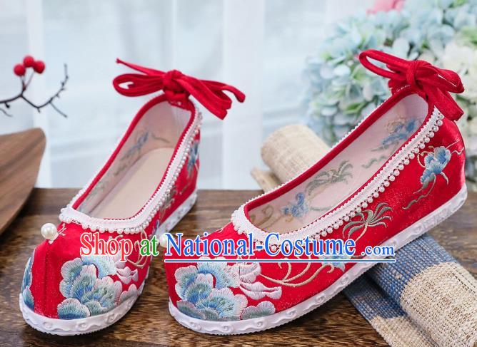 China Traditional Hanfu Bow Shoes Handmade National Pearls Shoes Embroidered Peony Shoes Wedding Red Shoes