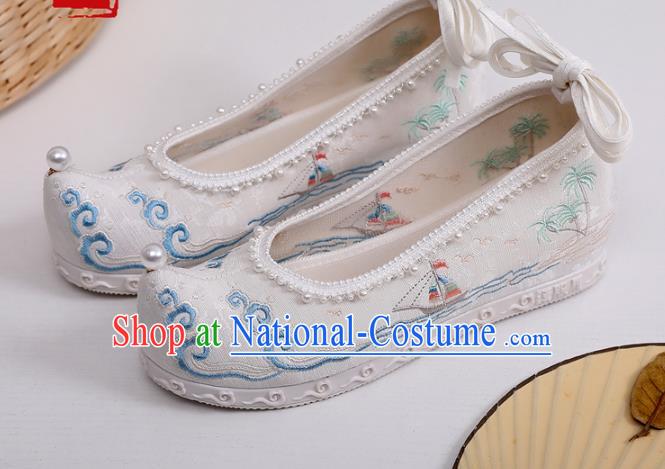 China Traditional Pearls Shoes Hanfu Bow Shoes Handmade National Shoes Embroidered Clouds Shoes