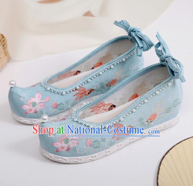 China Embroidered Lotus Shoes Hanfu Bow Shoes Traditional Pearls Shoes Handmade National Blue Cloth Shoes