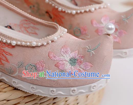 China Handmade National Pink Cloth Shoes Embroidered Lotus Shoes Hanfu Bow Shoes Traditional Pearls Shoes